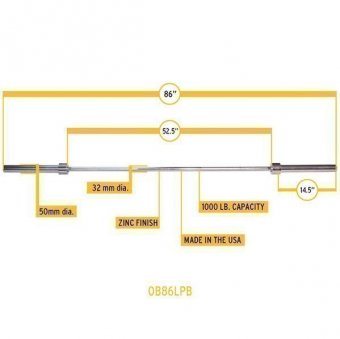 Гриф олимпийский прямой 86", до 450 кг, хромированный (класс-ZINK), арт. OB86LPB